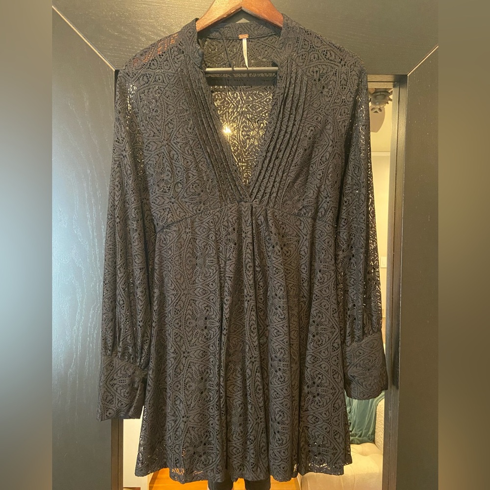 Free People Black Lace Deep V Dress